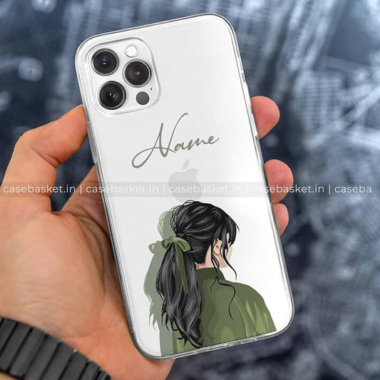 Clear iPhone case with custom name and illustrated girl in green holding phone
