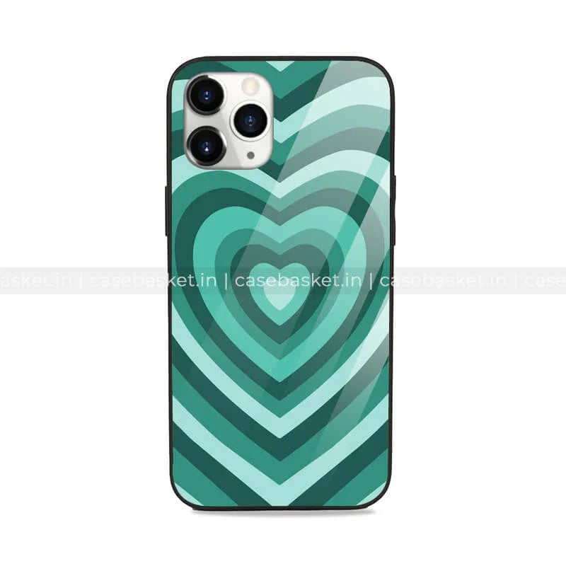 Green phone case with abstract heart pattern in layered shades of green