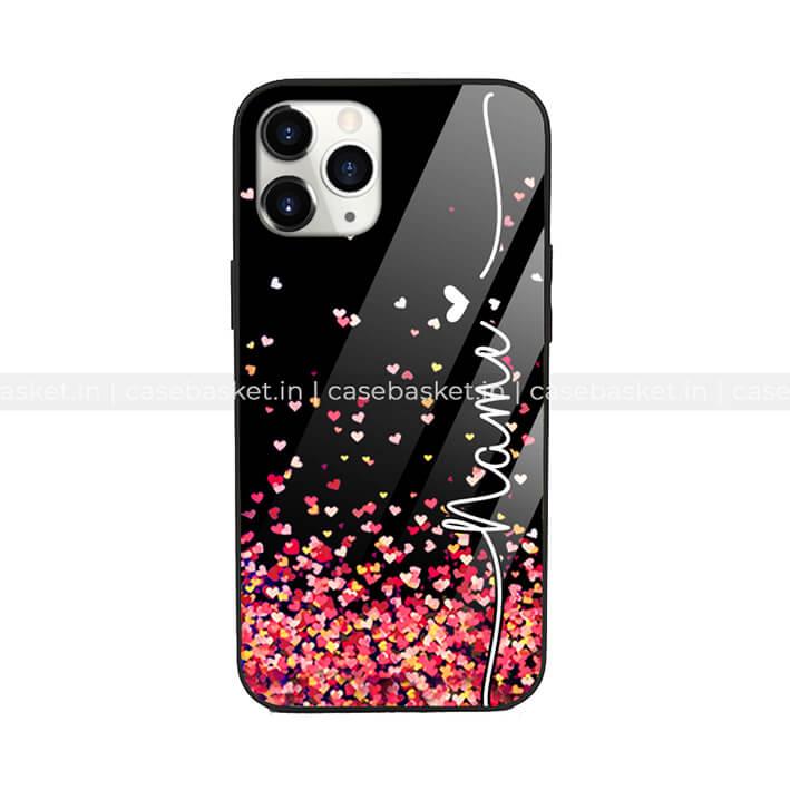 Black mobile phone case with colorful heart pattern and script text design