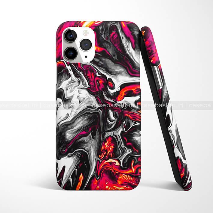 iPhone 11 Pro matte snap case with abstract black, white, and fiery red marble design