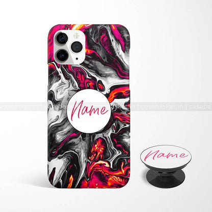 iPhone case with abstract red, black and white swirl design and customizable name text, matching phone grip
