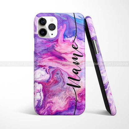 Custom iPhone 11 Pro matte case with purple and pink marble pattern and name text design