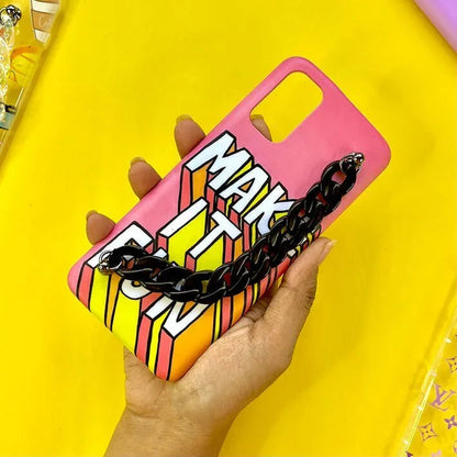 Colorful phone case with bold 'MAKE IT FUN' text and black chain charm, held in hand