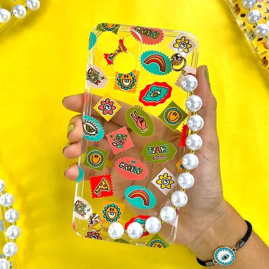 Transparent phone case with colorful stickers, smiley faces, peace signs, pearl chain charm