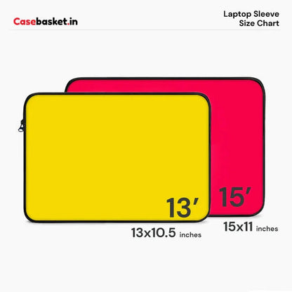 Laptop sleeve size chart showing 13-inch yellow and 15-inch red sleeves with dimensions.