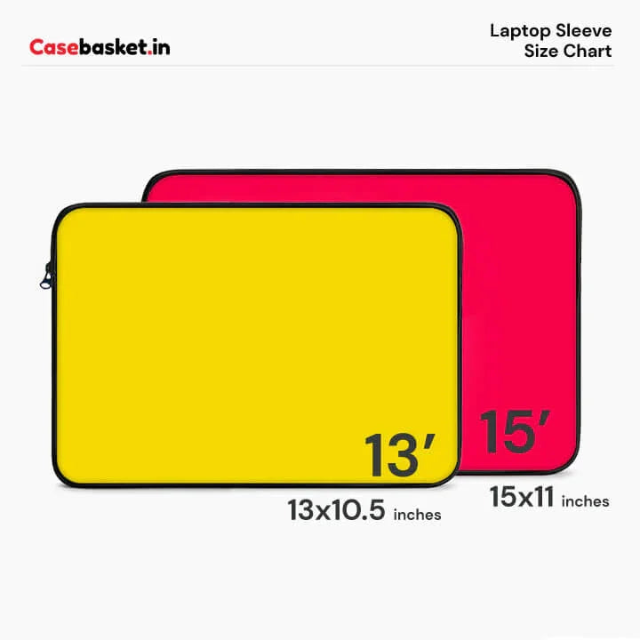 Laptop sleeve size chart with yellow 13 inch and red 15 inch sleeves, dimensions shown.