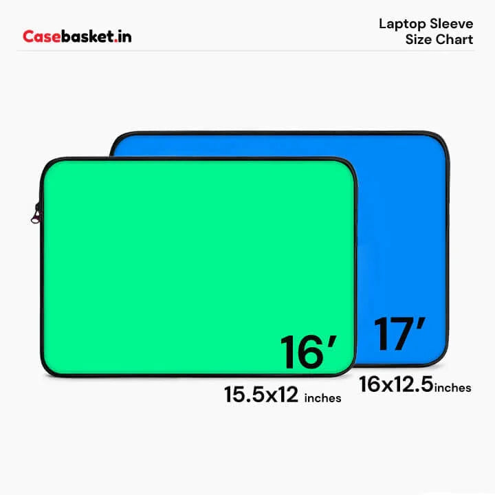 Laptop sleeve size chart showing 16 inch (15.5x12 inches) and 17 inch (16x12.5 inches) sleeves