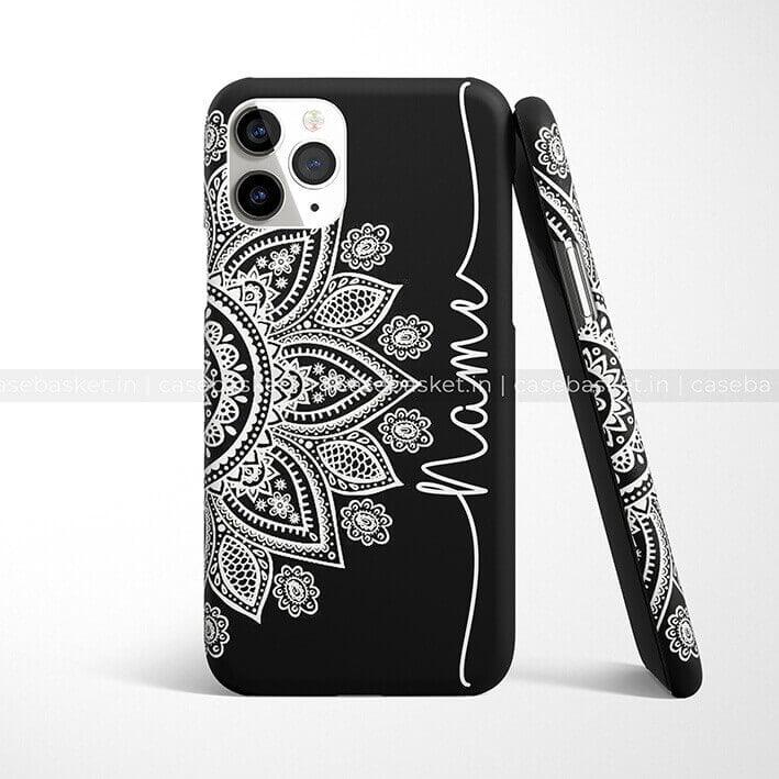 Black phone case with white mandala design and customizable name text, trendy mobile cover