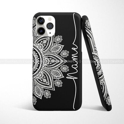 Black phone case with white mandala design and customizable name text, trendy mobile cover