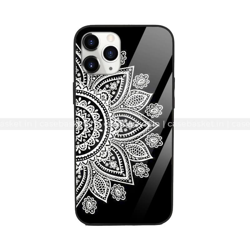 Black glass mobile phone case with white mandala floral design, protective back cover