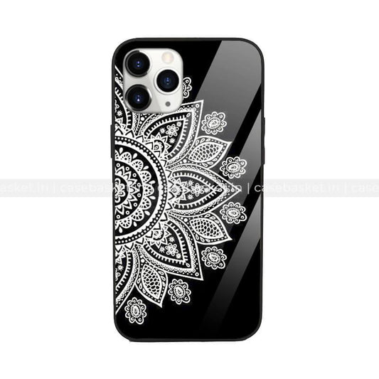 Black glass mobile phone case with white mandala floral design, protective back cover