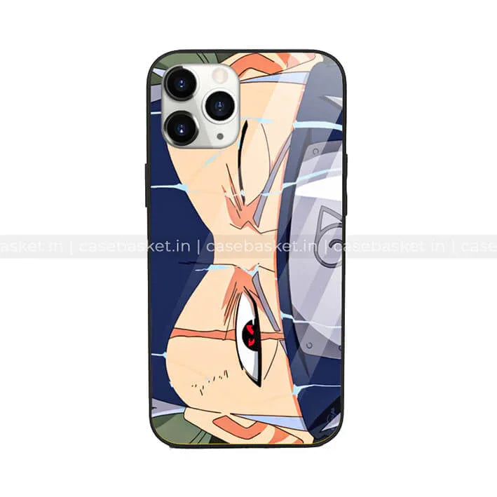 Anime character phone case with blue headband and red eye design for iPhone.