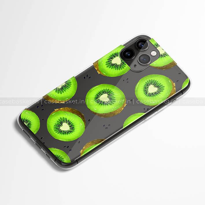 Transparent phone case with vibrant green kiwi fruit pattern, dark background, camera cutout