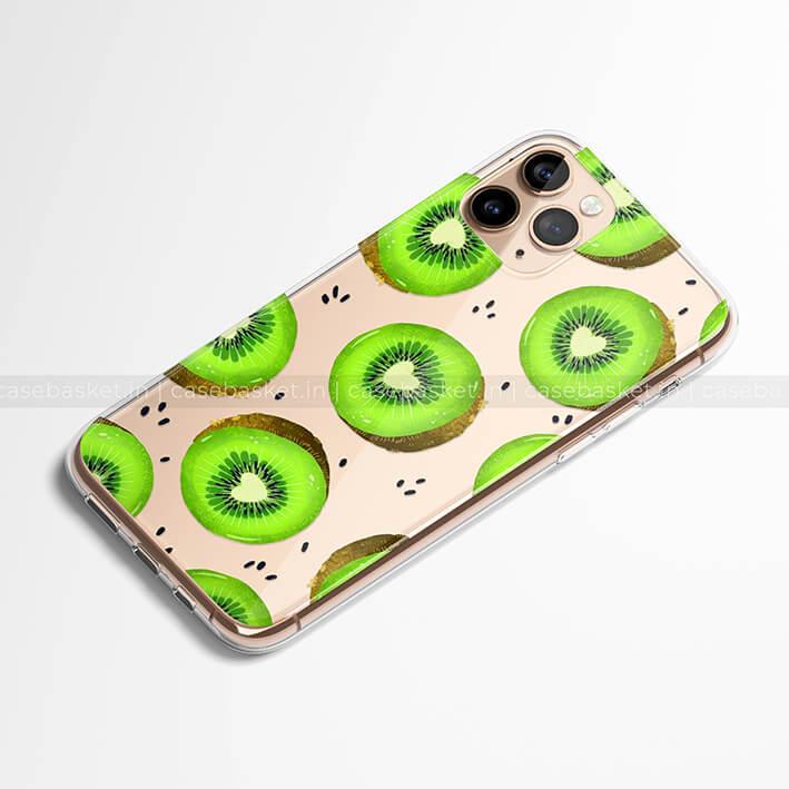 Transparent phone case with green kiwi fruit pattern on dual camera smartphone