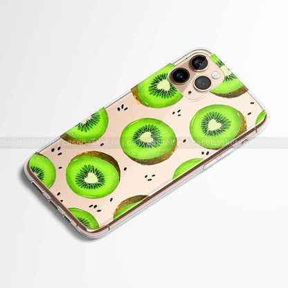 Transparent phone case with green kiwi fruit pattern on dual camera smartphone