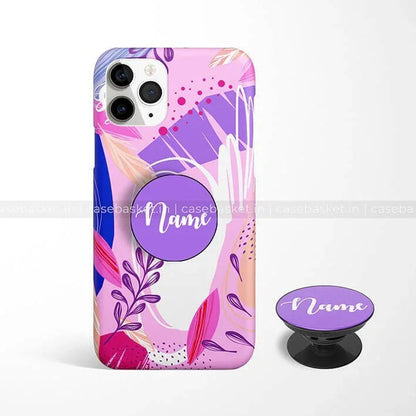 Floral abstract phone case with purple leaves and a custom name grip, matching pop socket.
