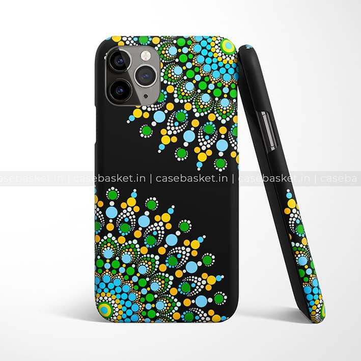 Black phone case with colorful dot mandala pattern in blue, yellow, green, and white