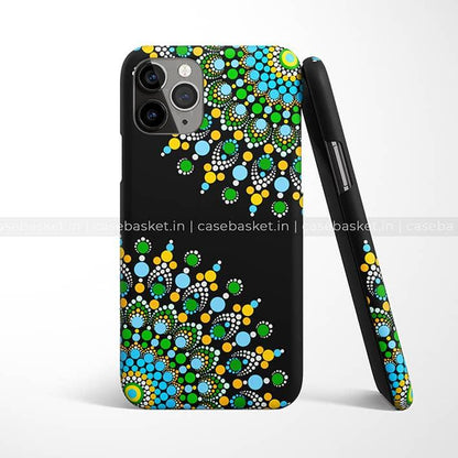 Black phone case with colorful dot mandala pattern in blue, yellow, green, and white
