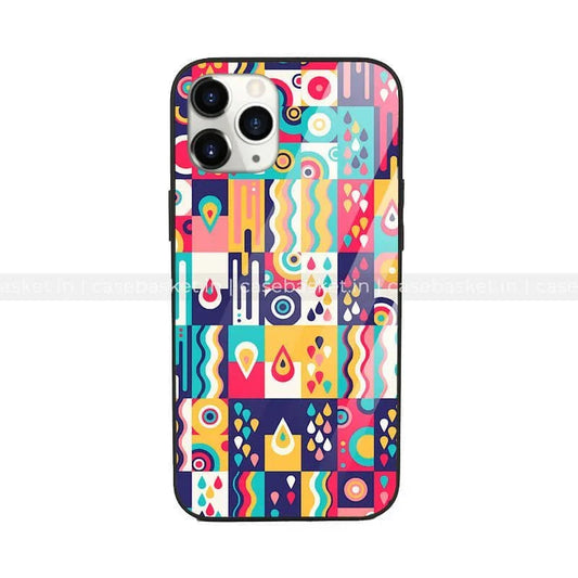 Colorful abstract pattern phone case with geometric and water drop designs for iPhone.