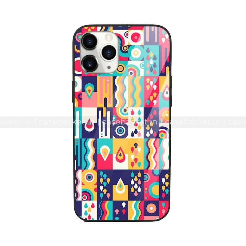Colorful abstract pattern phone case with geometric and water drop designs for iPhone.