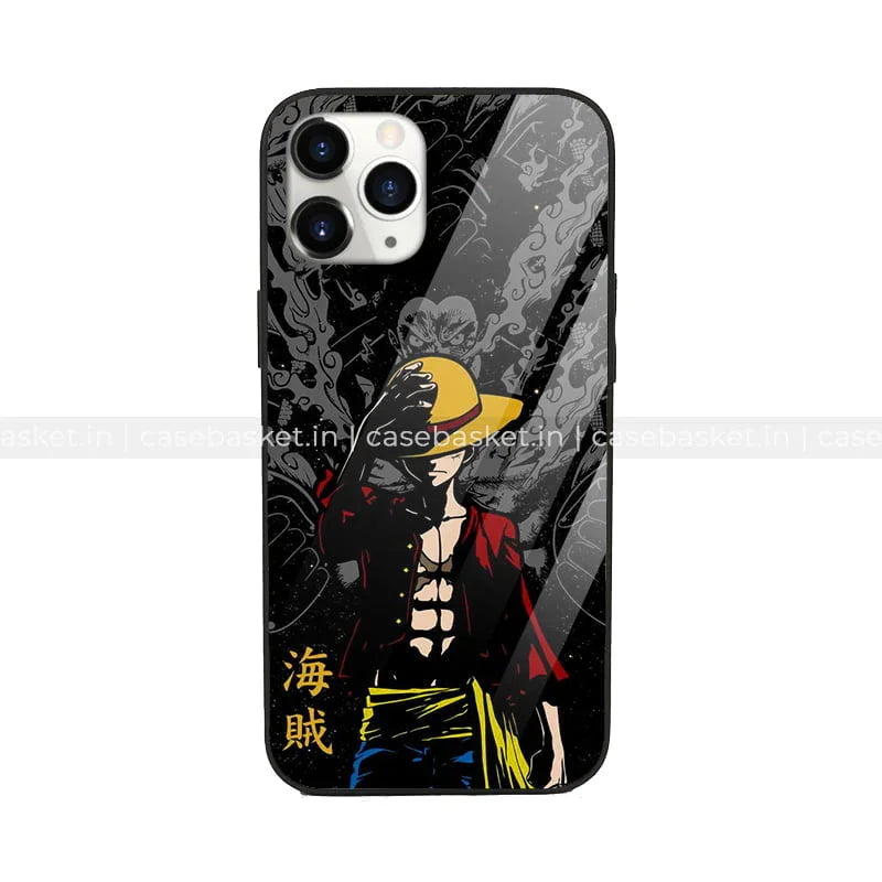 Anime character with straw hat design on black glossy phone case with Japanese text