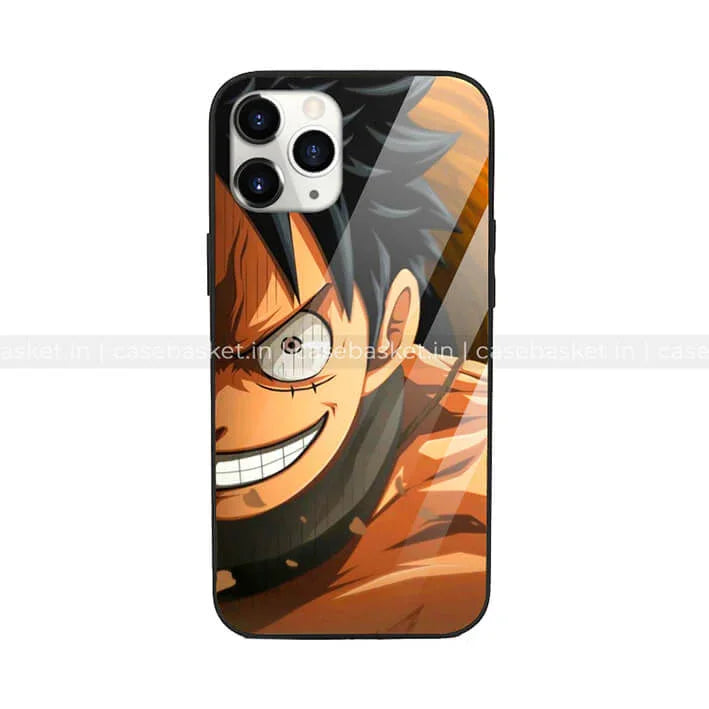 Anime character printed glass phone case with bold orange and black design for iPhone.