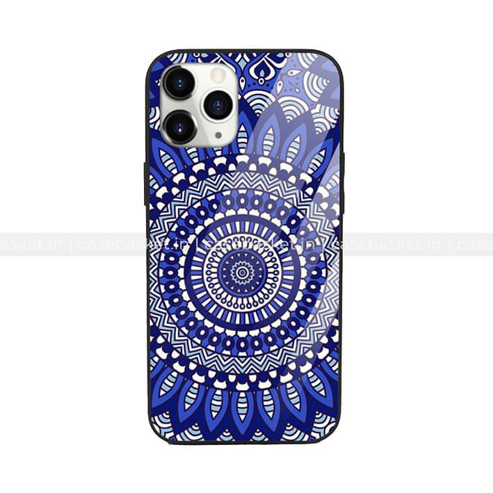 Blue mandala pattern phone case with intricate geometric and floral design.