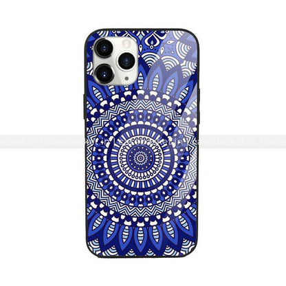 Blue mandala pattern phone case with intricate geometric and floral design.