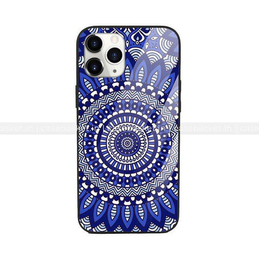 Blue mandala pattern phone case with intricate geometric and floral design.