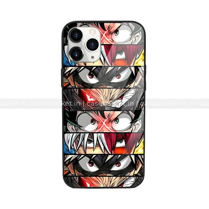 Anime character faces close-up printed on glass phone case for iPhone, vibrant and colorful design
