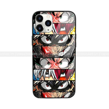 Anime character faces close-up printed on glass phone case for iPhone, vibrant and colorful design