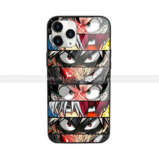 Anime character faces close-up printed on glass phone case for iPhone, vibrant and colorful design