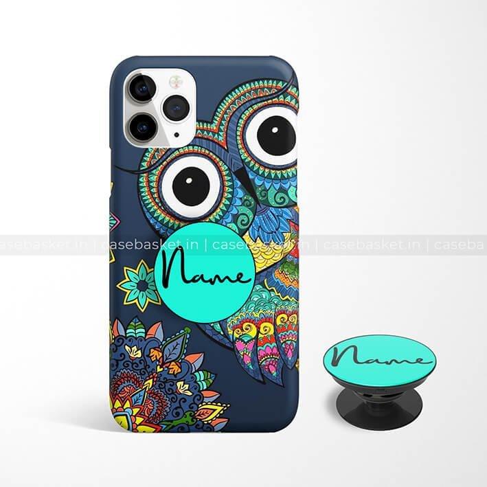 Colorful owl printed phone case with matching pop socket, mandala design, customizable name area.