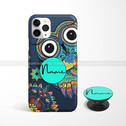Colorful owl printed phone case with matching pop socket, mandala design, customizable name area.