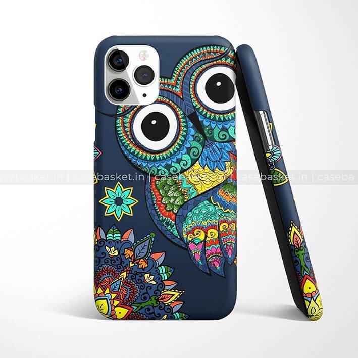 Colorful mandala owl design phone case with floral patterns on a dark background