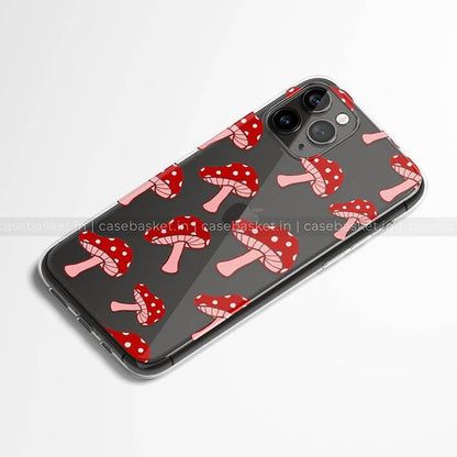 Transparent phone case with red and white cartoon mushroom pattern for smartphones