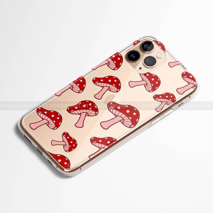Clear phone case with red and white cartoon mushroom pattern for iPhone