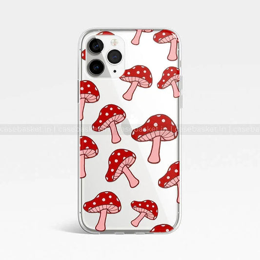 Clear phone case with red and white mushroom pattern, fits smartphone, cute design