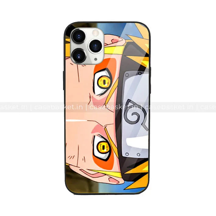 Anime character phone case featuring intense close-up of yellow-haired ninja with headband