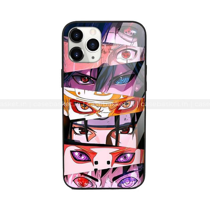 Anime-themed phone case with close-up eye designs from popular characters, multicolor artwork
