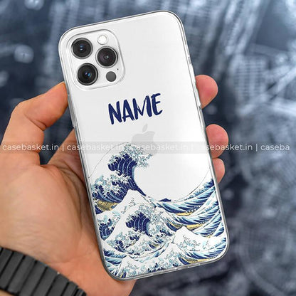 Personalized phone case with blue ocean wave design and space for custom name.