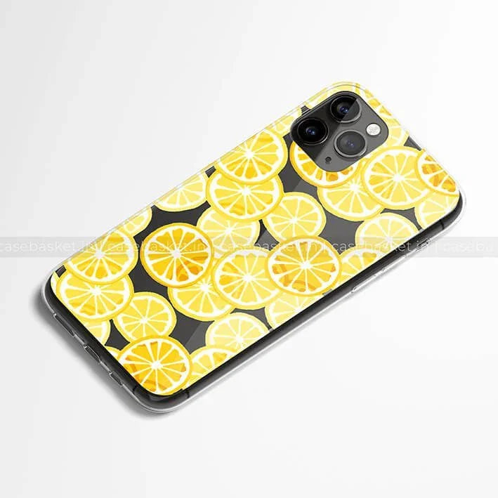 Yellow lemon slice pattern phone case on black background for iPhone