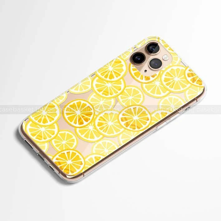 Clear phone case with bright yellow lemon slice pattern for iPhone, stylish fruit design cover