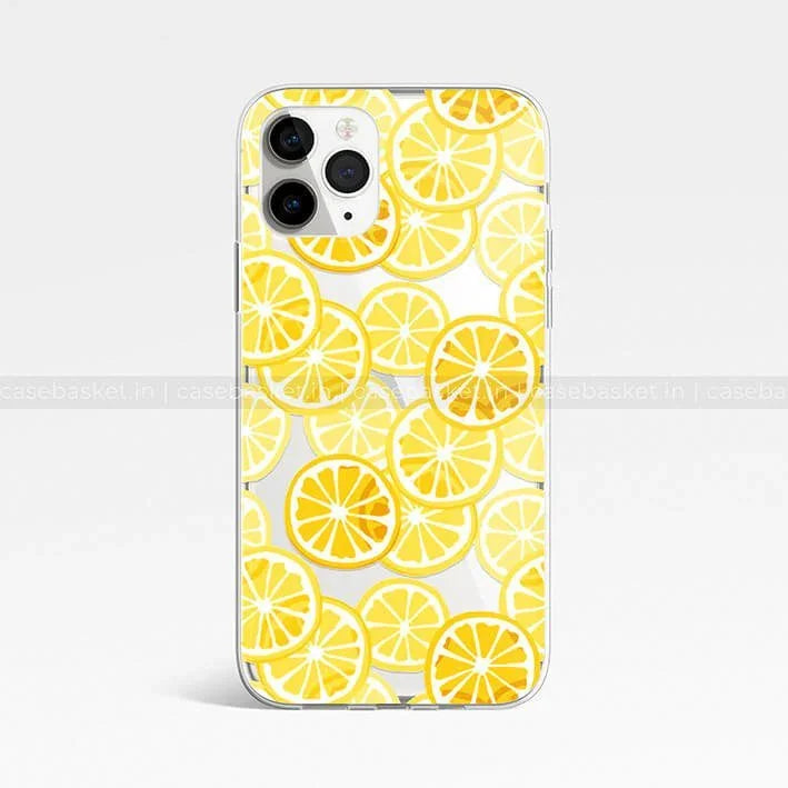 Clear phone case with bright yellow orange slice pattern for iPhone, citrus fruit design cover