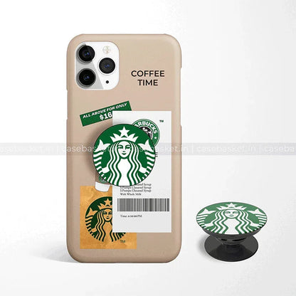 Beige phone case with coffee-themed stickers and green logo, matching pop socket accessory
