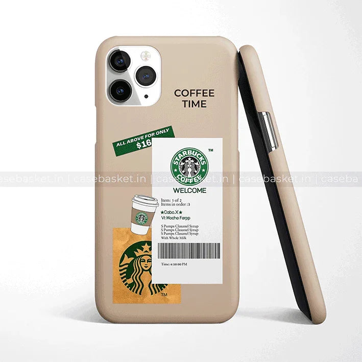 Beige mobile phone case with coffee-themed designs, order receipt, and coffee cup graphics