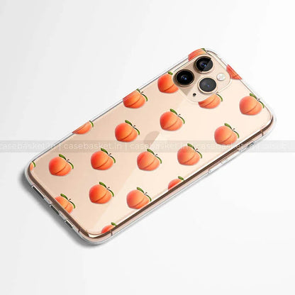 Peach pattern clear mobile phone case for iPhone with cute fruit design on white background