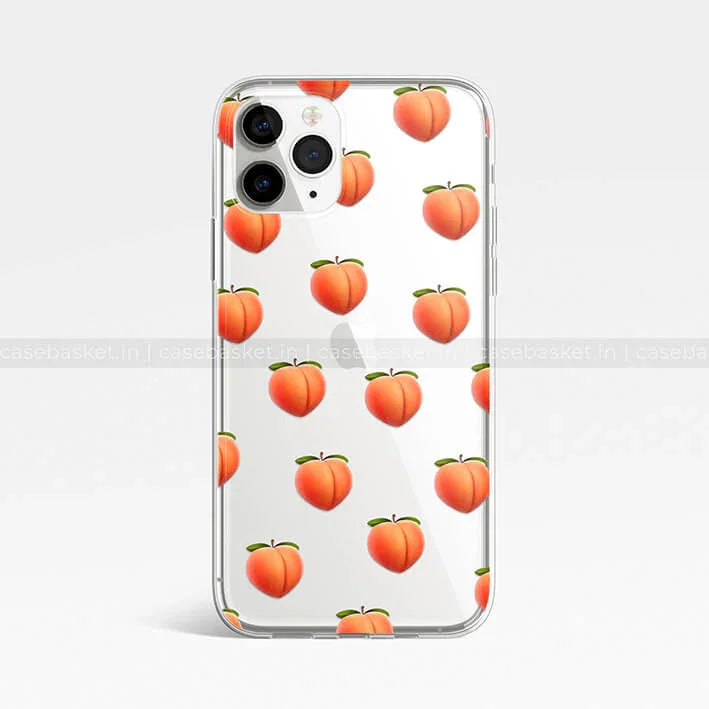 Clear phone case with orange peach pattern, designed for modern smartphones.