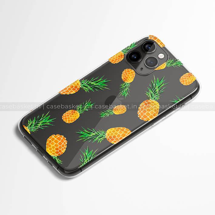 Clear phone case with bright yellow pineapple pattern on a black background, for smartphone protection.