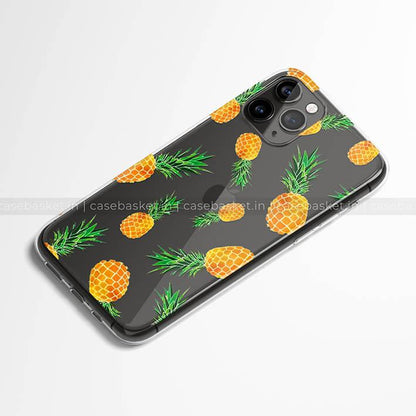 Clear phone case with bright yellow pineapple pattern on a black background, for smartphone protection.